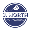 Soaring white kite against navy blue circle featuring J Horth Associates title